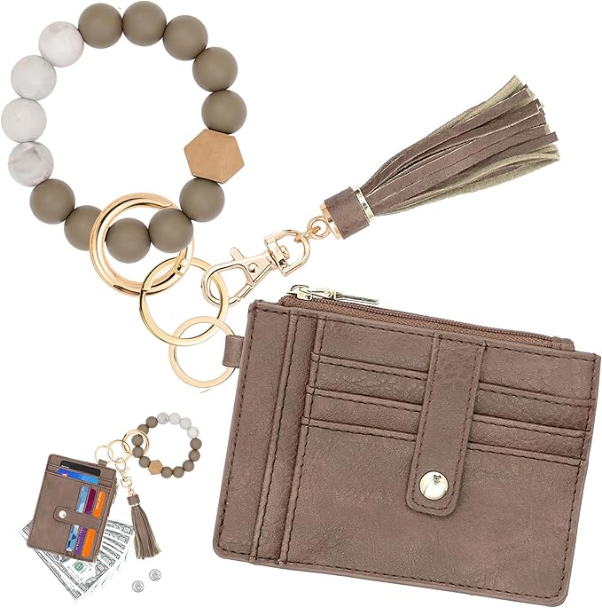 KNGITRYI Wallet Keychain Wristlet for Women,Slim RFID Credit Card Holder Purse Tassel Keychain Bangle Key Ring for Men Women