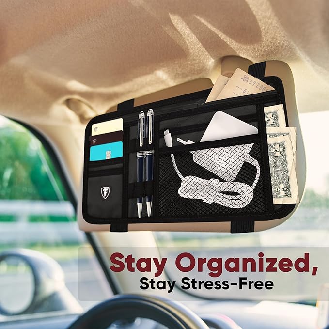 Firestone 1 Pack Sun Visor Organizer Car Accessories for Men & Women, Multi Pocket Visor Storage with Pockets & Card Slots, Eyeglass Holder, Document Holder & Pen Slots - Fits Most Vehicles