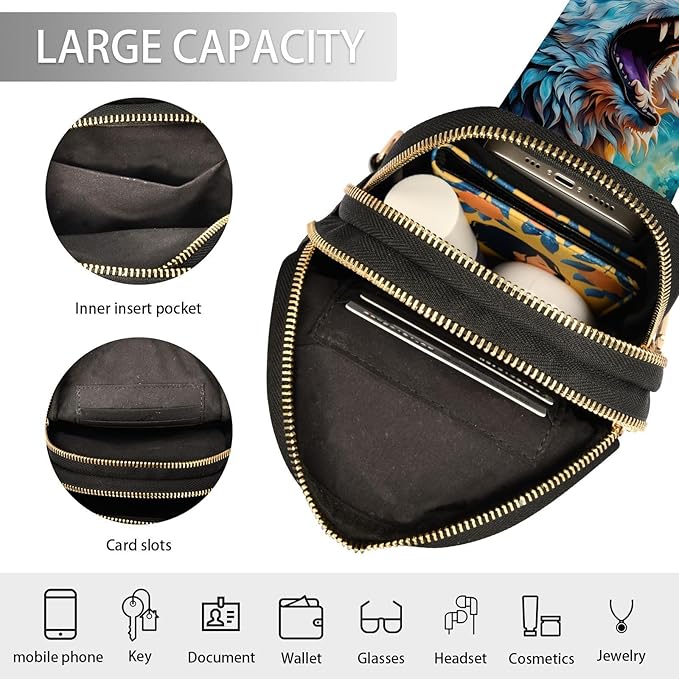 ZAZYXTJ Wolf Crossbody Sling Bag for Women Leather Small Chest Bag Adjustable Straps Daypack for Travel Sport Hiking