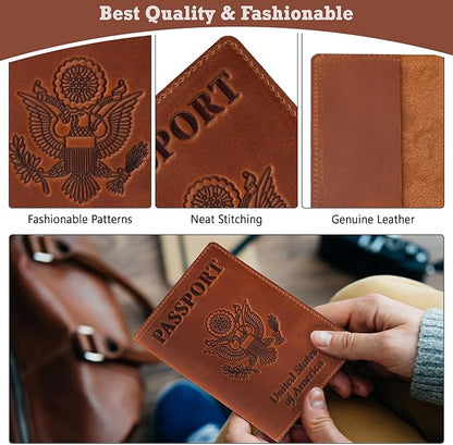Shvigel US Leather Passport Book Cover - Thin American Travel Passport Holder - Premium International USA Passport Protector Case for Women Men (Light Brown Vintage)