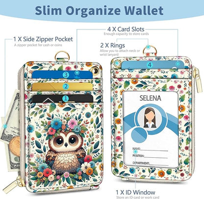 Lanyard Wallet with Id Badge Holder, Floral Owl RFID Small Keychain Wallet Women Wristlet, Cute Zipper Credit Card Holder Phone Wrist Neck Strap for Key Name Tag, Teacher Student Office Gifts