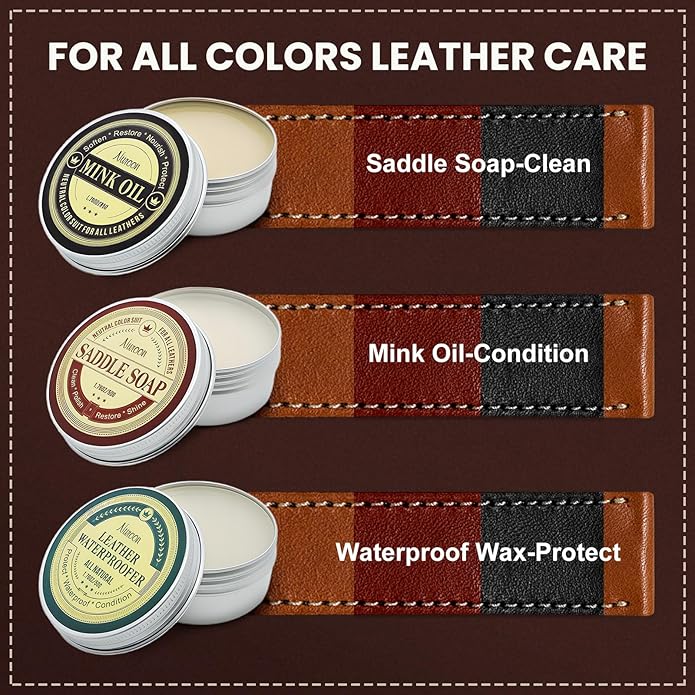 Nuroon 10Pcs Leather Care Kit- 3Pcs Horsehair Brushes, 1.76oz Saddle Soap, 1.76oz Mink Oil and Wax Waterproofer