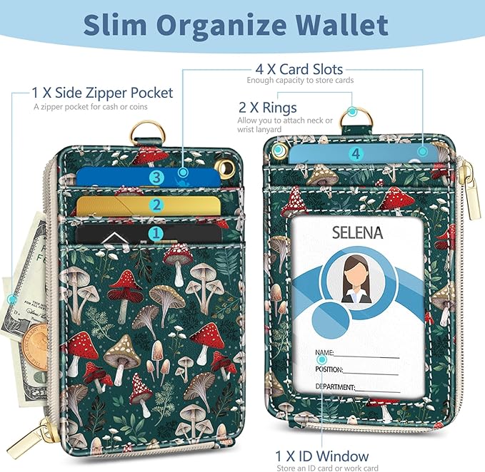 Lanyard Wallet with Id Badge Holder, Mushroom RFID Small Keychain Wallet Women Wristlet, Cute Zipper Credit Card Holder Phone Wrist Neck Strap for Key Name Tag, Teacher Student Office Gifts