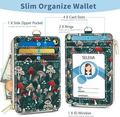 Lanyard Wallet with Id Badge Holder, Mushroom RFID Small Keychain Wallet Women Wristlet, Cute Zipper Credit Card Holder Phone Wrist Neck Strap for Key Name Tag, Teacher Student Office Gifts