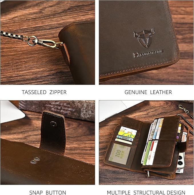Genuine Crazy Horse Leather Travel Gift Coin Pocket Card Case Long Organizer Chain Rfid Wallet Purse With Snap For Men Male 1803 1815 (W-1820-Brown)