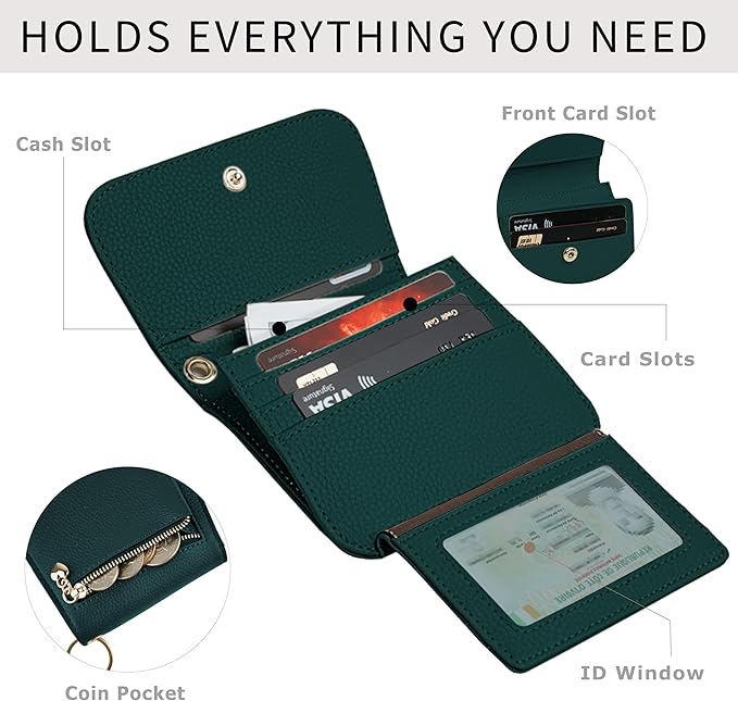 Women Small Wallet RFID Blocking Slim Wallet with Coin Pocket Tri-Fold Credit Card Holder with ID Window and Keychain (Dark Green)