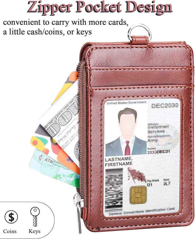 Teskyer Badge Holder with Side Zip Pocket, Multiple Card Slots Leather ID Holder Wallet with Neck Lanyard for Office Staffs, Teachers/Students, Couriers, Workers, Brown