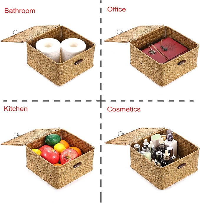 Hipiwe Wicker Shelf Basket Bin with Lid Square Handwoven Seagrass Box Decorative Household Storage Container Multipurpose Organize for Bookshelf Living Room Bathroom, Small Caramel