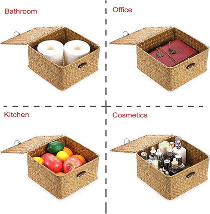 Hipiwe Wicker Shelf Basket Bin with Lid Square Handwoven Seagrass Box Decorative Household Storage Container Multipurpose Organize for Bookshelf Living Room Bathroom, Small Caramel