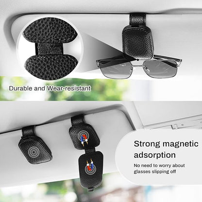 SINGARO Sunglasses Holder for Car, Leather Magnetic Buckle Sun Visor Sunglass Clip, Ticket Card Storage Glasses Clip, Car Interior Accessories for Men and Women（2PCS Black）