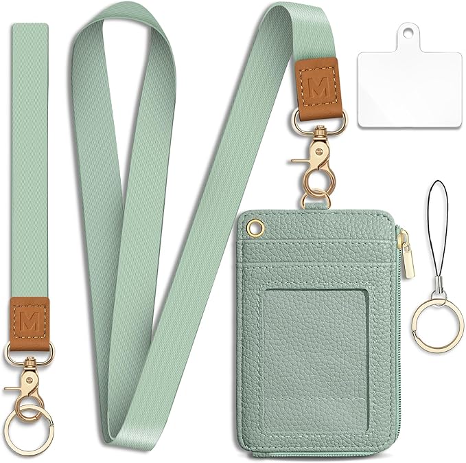 Lanyard Wallet with Id Badge Holder, Sage Green RFID Small Keychain Wallet Women Wristlet, Minimalist Zipper Credit Card Holder Phone Wrist Neck Strap for Key Name Tag, Teacher Office Gift