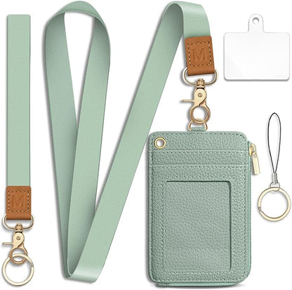 Lanyard Wallet with Id Badge Holder, Sage Green RFID Small Keychain Wallet Women Wristlet, Minimalist Zipper Credit Card Holder Phone Wrist Neck Strap for Key Name Tag, Teacher Office Gift