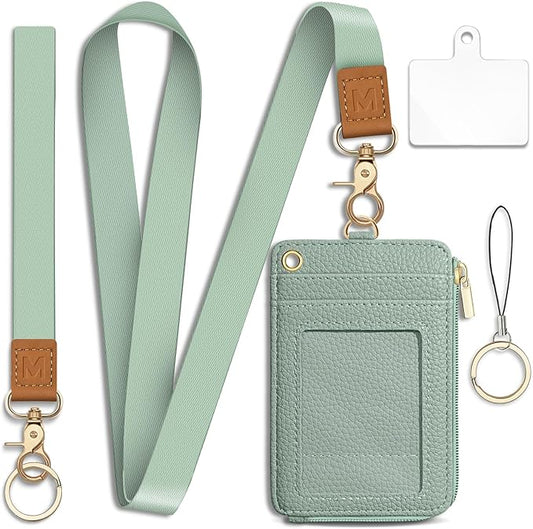 Lanyard Wallet with Id Badge Holder, Sage Green RFID Small Keychain Wallet Women Wristlet, Minimalist Zipper Credit Card Holder Phone Wrist Neck Strap for Key Name Tag, Teacher Office Gift