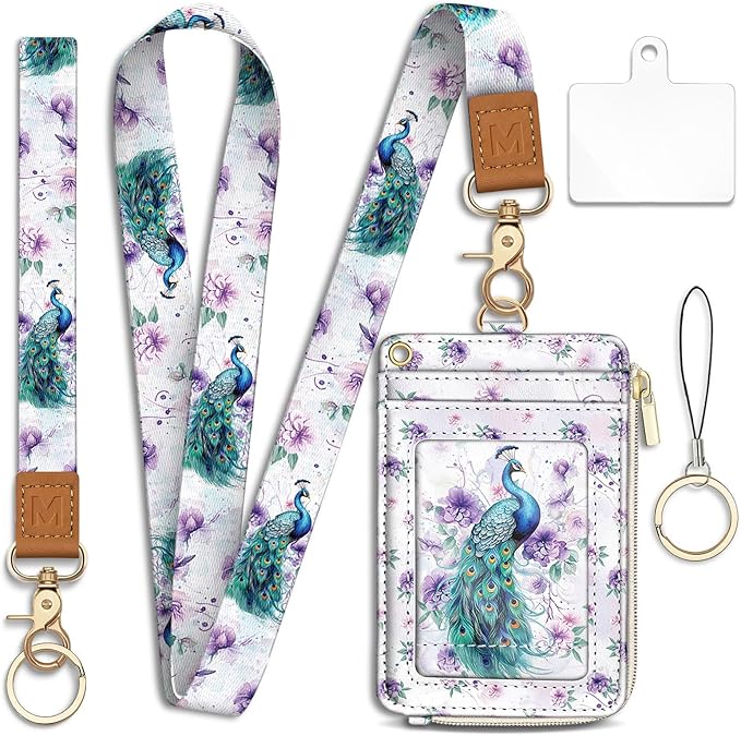 Lanyard Wallet with Id Badge Holder, Peacock RFID Small Keychain Wallet Women Wristlet, Cute Zipper Credit Card Holder Phone Wrist Neck Strap for Key Name Tag, Teacher Student Office Gifts