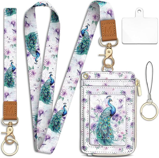 Lanyard Wallet with Id Badge Holder, Peacock RFID Small Keychain Wallet Women Wristlet, Cute Zipper Credit Card Holder Phone Wrist Neck Strap for Key Name Tag, Teacher Student Office Gifts