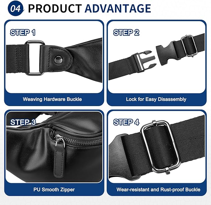 Faux Leather Belt Bag for Men, Crossbody Sling Bag with Adjustable Strap, Back Zipper Pocket, Large Capacity Waist Pack for Travel, Work, Every, Black
