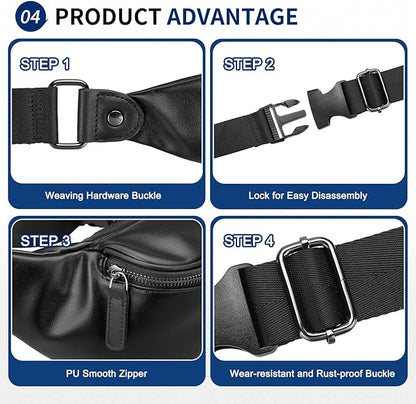 Faux Leather Belt Bag for Men, Crossbody Sling Bag with Adjustable Strap, Back Zipper Pocket, Large Capacity Waist Pack for Travel, Work, Every, Black