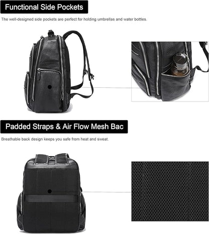 LANNSYNE Men Vinatge Full Grain Leather Backpack Fits 17.3" Laptop, Travel Overnight Daypacks - Black
