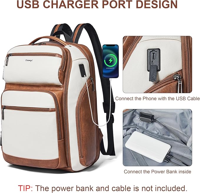 Vegan Leather Backpack, 40L Expandable, TSA Travel Backpack for Men and Women, Fits 17.0 Inch Notebook with USB Port and Luggage Strap, Beige