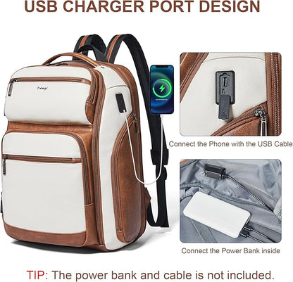 Vegan Leather Backpack, 40L Expandable, TSA Travel Backpack for Men and Women, Fits 17.0 Inch Notebook with USB Port and Luggage Strap, Beige