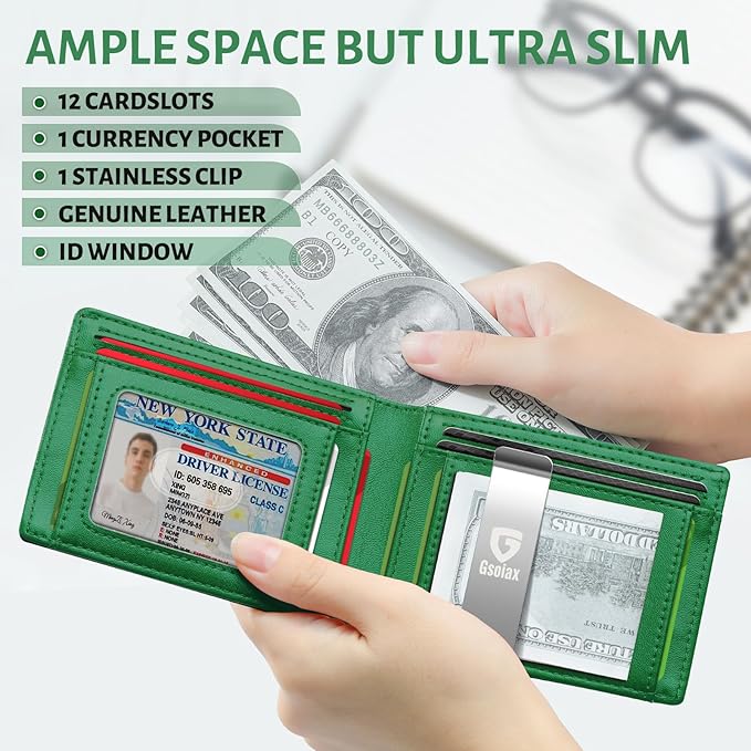 GSOIAX Slim Leather RFID Bifold Wallet for Men with Money Clip and 12 Credit Card Holders, Carbon Green