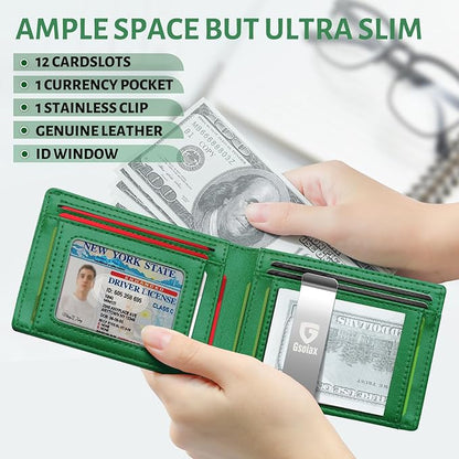 GSOIAX Slim Leather RFID Bifold Wallet for Men with Money Clip and 12 Credit Card Holders, Carbon Green