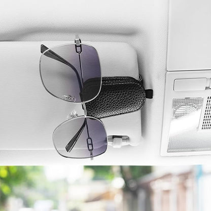 SINGARO Sunglasses Holder for Car, Leather Magnetic Buckle Sun Visor Sunglass Clip, Ticket Card Storage Glasses Clip, Car Interior Accessories for Men and Women（2PCS Black）