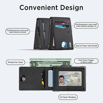 umoven Wallet for Men - Pop Up Case, Cash Slot, and Credit Card Slot - Slim Aluminum Wallet with RFID Blocking, Minimalist Leather Wallet Front Pocket with ID Window (Gravel Black)