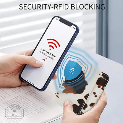 Women Small Wallet RFID Blocking Slim Wallet with Coin Pocket Tri-Fold Credit Card Holder with ID Window and Keychain (Cow)