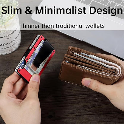 Minimalist Carbon Fiber Wallet for Men, Money Clip Cash Strap Wallet, RFID Blocking Metal Wallet Aluminum Card Holder,Front Pocket Wallet(Matte Red)