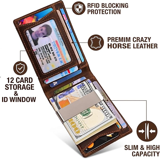 kinzd Slim Wallet with Money Clip RFID Blocking Minimalist Bifold Wallet for Men Genuine Leather Front Pocket Card Holder