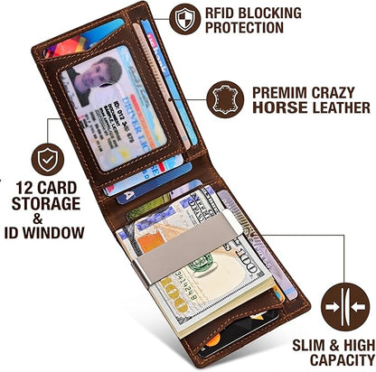 kinzd Slim Wallet with Money Clip RFID Blocking Minimalist Bifold Wallet for Men Genuine Leather Front Pocket Card Holder