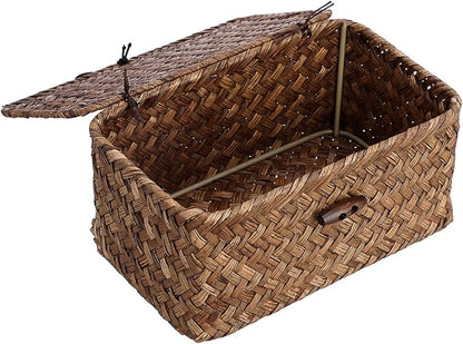 Hipiwe Handwoven Wicker Basket with Lid Desk Organizer for Remote Control Key Glass Coffee Color Seagrass Box for Decoration, 7.0"L x 4.3"W x 3.3"H
