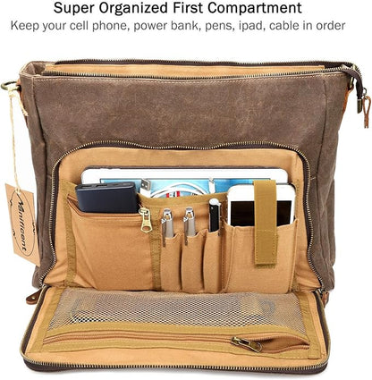 Manificent Laptop Messenger bag for Mens 15.6 Inch, Waterproof Vintage Genuine Leather Mens Briefcase shoulder bag 16 Storage Pockets, Waxed Canvas Leather Computer Business Satchel Work Bag (Brown)