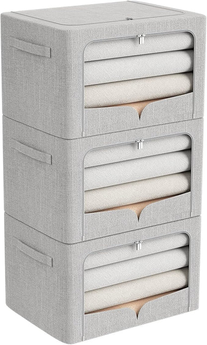 FHSQX 3 Pack Clothes Storage Bins - Foldable Metal Frame Storage Box - Stackable Linen Fabric Container Organizer Set with Carrying Handles and Clear Window (Light Gray, 15.7x11.8x7.8inch(22L))