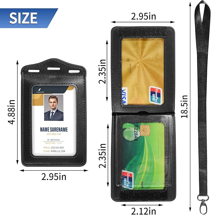 Badge Holder with Lanyard,Trifold Leather ID Card Holder with Clear ID Window,5 Card Slots for Name Tag,Credit Card,Bank Card and Passport(Black)