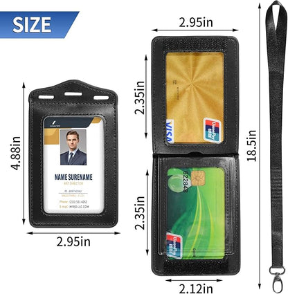 Badge Holder with Lanyard,Trifold Leather ID Card Holder with Clear ID Window,5 Card Slots for Name Tag,Credit Card,Bank Card and Passport(Black)