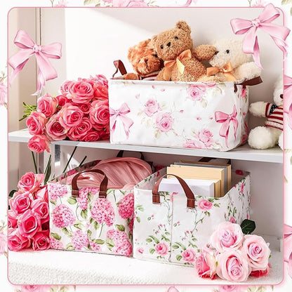 Boao 3 Pcs Pink Hydrangea Foldable Storage Baskets Pink Flower Laundry Basket with Handles Waterproof Storage Bins Fabric Shelf Baskets for Organizing Closet Clothes