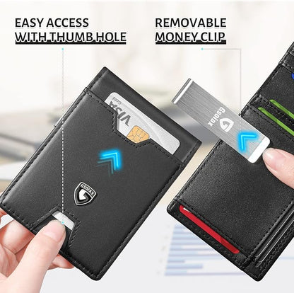GSOIAX Men's Slim RFID Blocking Leather Wallet with Money Clip Minimalist Carbon Fiber Bifold Credit Card Holder 11 Card Slots Gift Box Included(A-Leather Blcak)