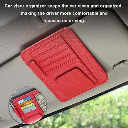 Dickno 2PCS Small Leather Car Sun Visor Organizer, Multifunctional Auto Visor Document Holder with Sunglasses Clip, Universal Car Interior Organizer for Drving License, Card, Pen (Red)