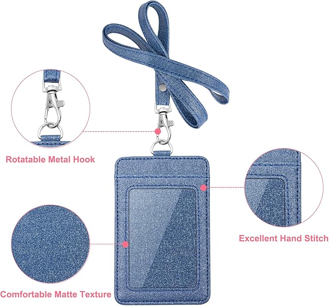 PU Leather ID Badge Holder, Life-Mate ID Badge Holder with 1 Clear ID Window 1 Credit Card Slot and PU Leather Lanyard for Badge Credit Cards College ID Cards in Glitter Blue