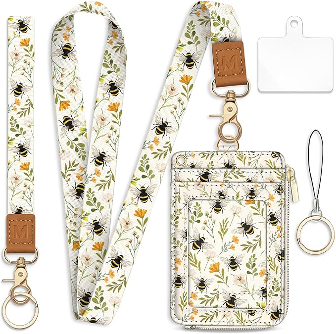 Lanyard Wallet with Id Badge Holder, Bee RFID Small Keychain Wallet Women Wristlet, Cute Zipper Credit Card Holder Phone Wrist Neck Strap for Key Name Tag, Teacher Student Office Gifts