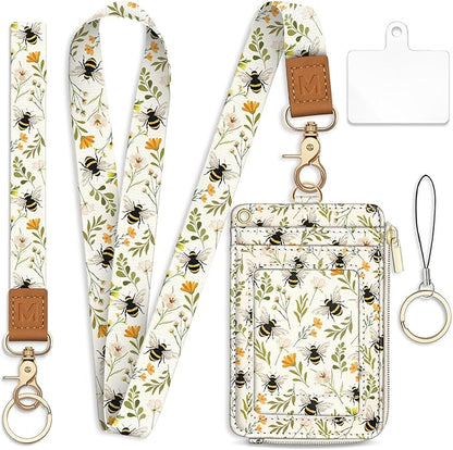Lanyard Wallet with Id Badge Holder, Bee RFID Small Keychain Wallet Women Wristlet, Cute Zipper Credit Card Holder Phone Wrist Neck Strap for Key Name Tag, Teacher Student Office Gifts