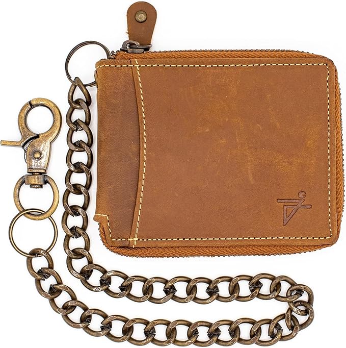RFID Safe Leather Bi-fold Chain Wallet for Men Zip around Purse for Women Biker's Trucker YKK Metal Zipper Closure Filp up window ID (Vintage Brown with Chain)