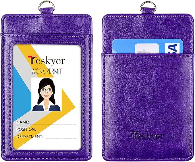 Teskyer Leather Badge Holder with Lanyard and Badge Reel, Retractable Lanyard ID Card Holder for Office School Name Work IDs, Purple
