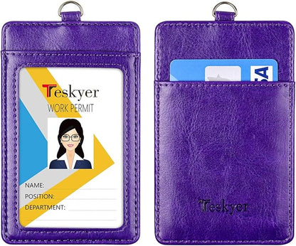 Teskyer Leather Badge Holder with Lanyard and Badge Reel, Retractable Lanyard ID Card Holder for Office School Name Work IDs, Purple