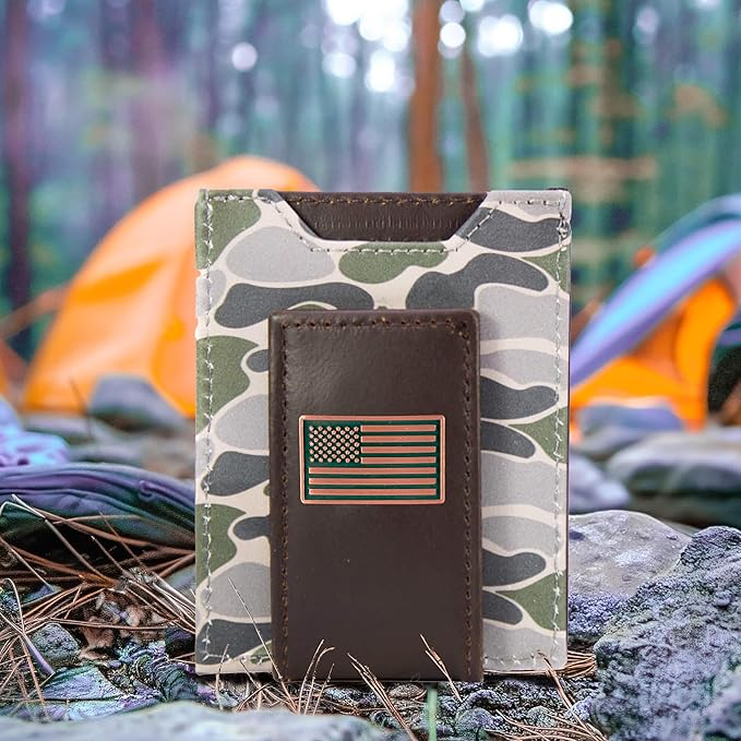 ZEP-PRO USA Flag Men's Magnetic Front Pocket Old School Camo Leather Wallet – Slim Design with Card Slots and Money Clip, Green/Gray Camo