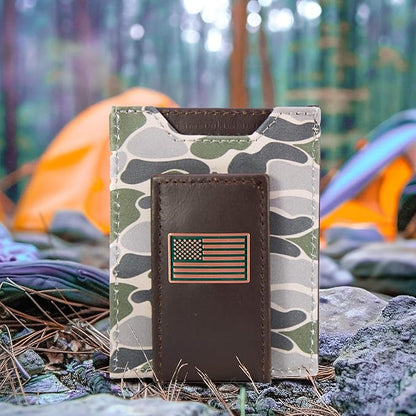 ZEP-PRO USA Flag Men's Magnetic Front Pocket Old School Camo Leather Wallet – Slim Design with Card Slots and Money Clip, Green/Gray Camo