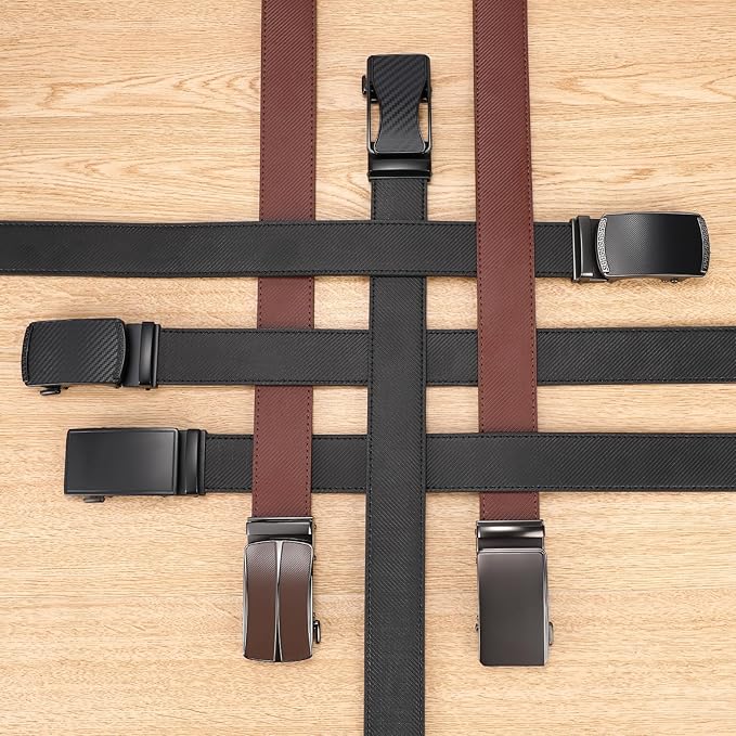 SENDEFN Leather Belt for Men Automatic Ratchet Buckle Slide Dress Casual Belts 1 3/8'' Wide Adjustable Trim to Fit(Black-20)