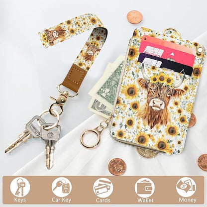 Bolimoss Highland Cow Print Lanyard Wallet - Cute Sunflower ID Badge Holder With Neck & Wristlet, PU Leather Zip Case With Breakaway Keychain
